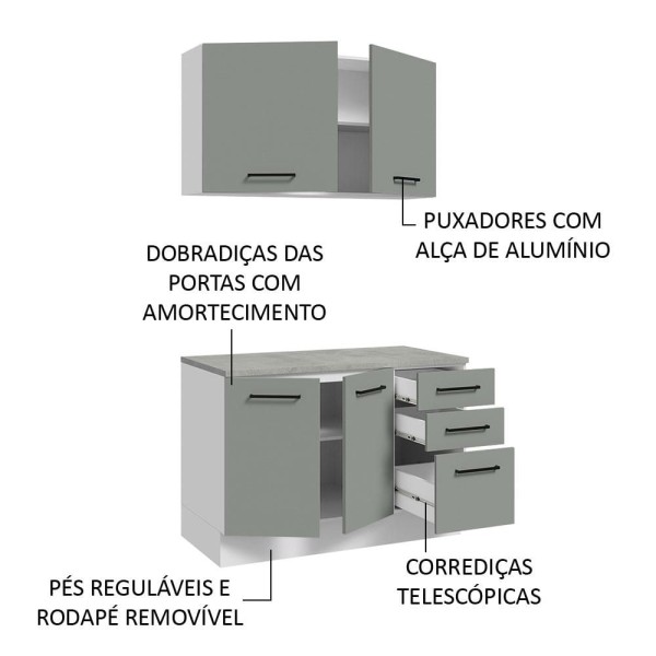Encontraproduto.com.br - Kit com Balcão e Armário Aéreo Multiuso 120cm Branco/Cinza Agata Madesa