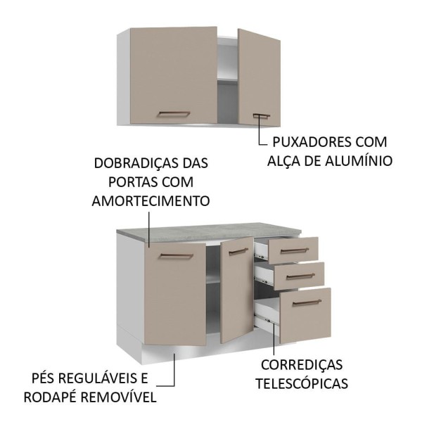 Encontraproduto.com.br - Kit com Balcão e Armário Aéreo Multiuso 120cm Branco/Crema Agata Madesa