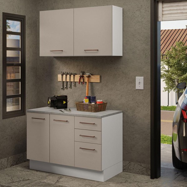 Encontraproduto.com.br - Kit com Balcão e Armário Aéreo Multiuso 120cm Branco/Crema Agata Madesa