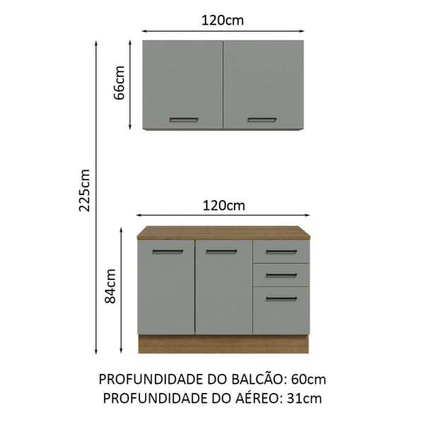 Encontraproduto.com.br - Kit com Balcão e Armário Aéreo Multiuso 120cm Rustic/Cinza Agata Madesa