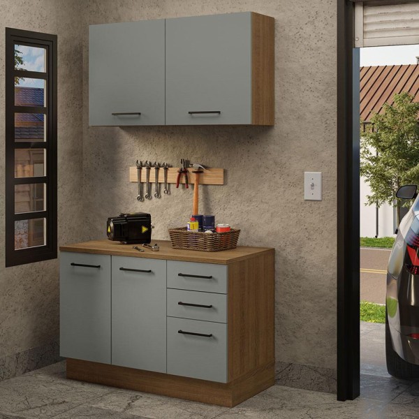 Encontraproduto.com.br - Kit com Balcão e Armário Aéreo Multiuso 120cm Rustic/Cinza Agata Madesa