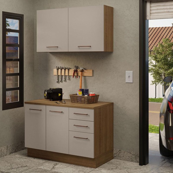 Encontraproduto.com.br - Kit com Balcão e Armário Aéreo Multiuso 120cm Rustic/Crema Agata Madesa