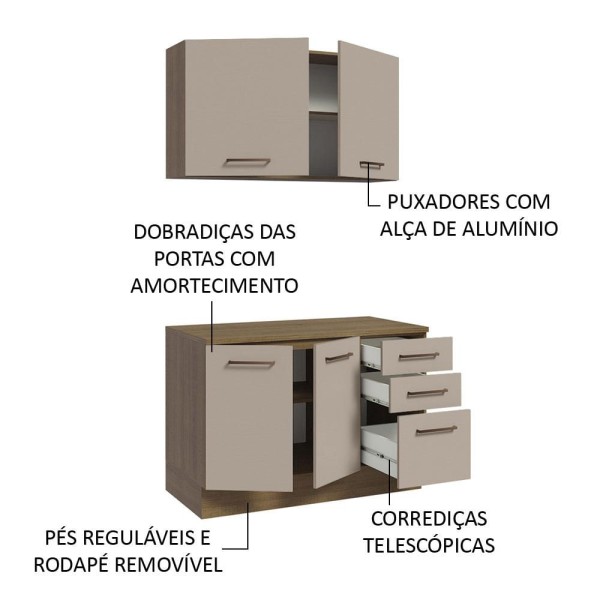 Encontraproduto.com.br - Kit com Balcão e Armário Aéreo Multiuso 120cm Rustic/Crema Agata Madesa