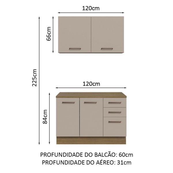Encontraproduto.com.br - Kit com Balcão e Armário Aéreo Multiuso 120cm Rustic/Crema Agata Madesa