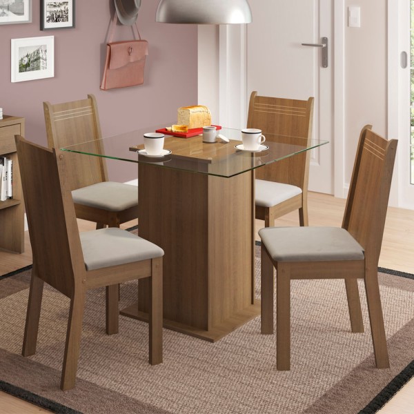 Conjunto Sala de Jantar Madesa Lucy Mesa Tampo de Vidro com 4 Cadeiras Rustic/Pérola
