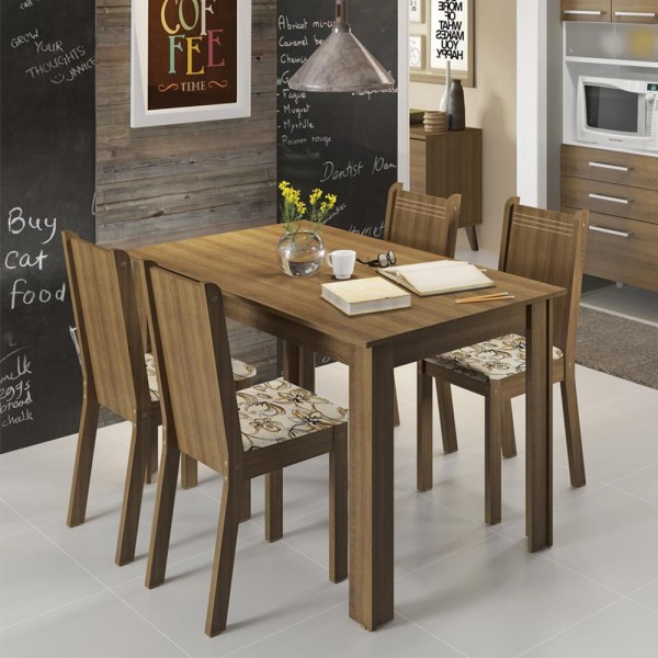Encontraproduto.com.br - Conjunto Sala de Jantar Rosie Madesa Mesa Tampo de Madeira com 4 Cadeiras Rustic/Floral Lírio Bege