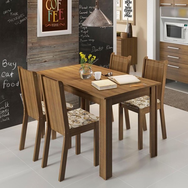 Encontraproduto.com.br - Conjunto Sala de Jantar Rosie Madesa Mesa Tampo de Madeira com 4 Cadeiras Rustic/Floral Lírio Bege