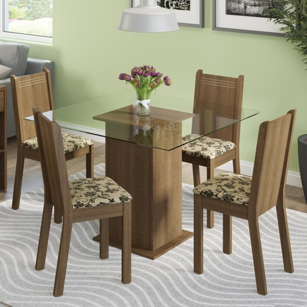 Encontraproduto.com.br - Conjunto Sala de Jantar Madesa Magda Mesa Tampo de Vidro com 4 Cadeiras Rustic/Bege Marrom