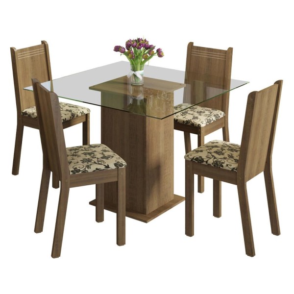 Encontraproduto.com.br - Conjunto Sala de Jantar Madesa Magda Mesa Tampo de Vidro com 4 Cadeiras Rustic/Bege Marrom