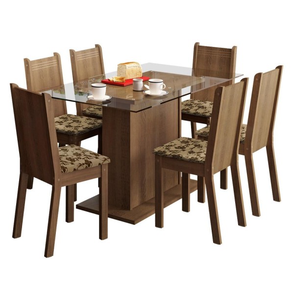 Encontraproduto.com.br - Conjunto Sala de Jantar Madesa Gales Mesa Tampo de Vidro com 6 Cadeiras Rustic/Bege Marrom