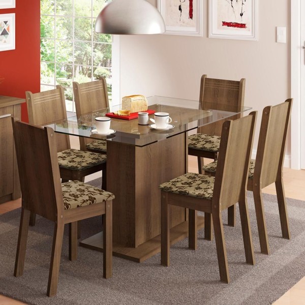Encontraproduto.com.br - Conjunto Sala de Jantar Madesa Gales Mesa Tampo de Vidro com 6 Cadeiras Rustic/Bege Marrom