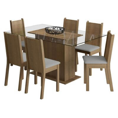 Encontraproduto.com.br - Conjunto Sala de Jantar Molly Madesa Mesa Tampo de Vidro com 6 Cadeiras Tabaco/Pérola