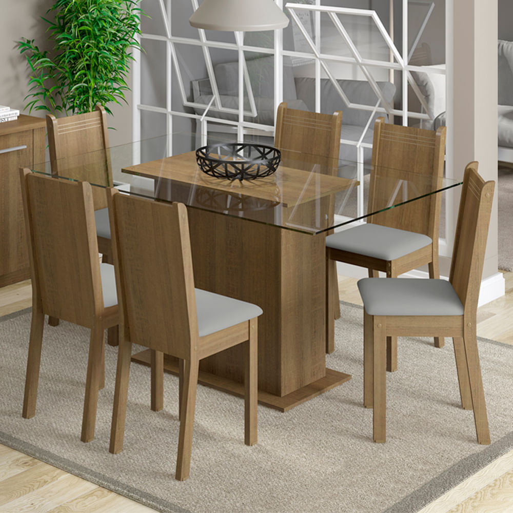 Encontraproduto.com.br - Conjunto Sala de Jantar Molly Madesa Mesa Tampo de Vidro com 6 Cadeiras Tabaco/Pérola