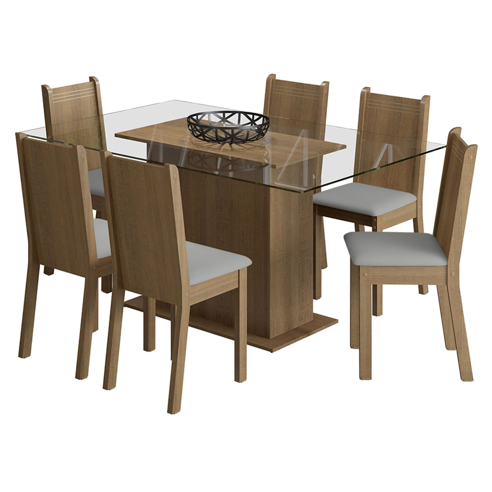 Encontraproduto.com.br - Conjunto Sala de Jantar Molly Madesa Mesa Tampo de Vidro com 6 Cadeiras Tabaco/Pérola