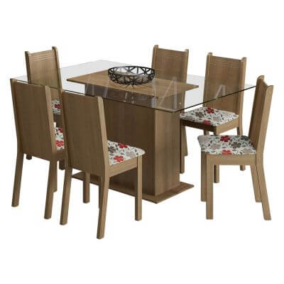 Encontraproduto.com.br - Conjunto Sala de Jantar Madesa Molly Mesa Tampo de Vidro com 6 Cadeiras Rustic/Floral Hibiscos