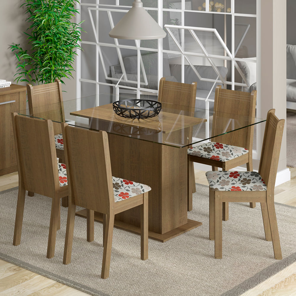 Encontraproduto.com.br - Conjunto Sala de Jantar Madesa Molly Mesa Tampo de Vidro com 6 Cadeiras Rustic/Floral Hibiscos