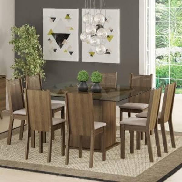 Encontraproduto.com.br - Conjunto Sala de Jantar Madesa Camila Mesa Tampo de Vidro com 8 Cadeiras Rustic/Pérola