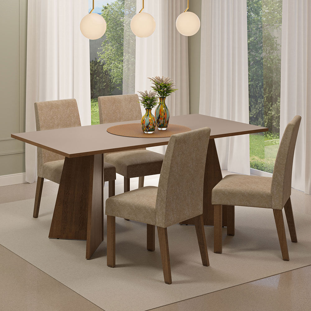 Encontraproduto.com.br - Conjunto Sala de Jantar Mesa Tampo de Madeira 4 Cadeiras Rustic/Crema/Imperial April Madesa