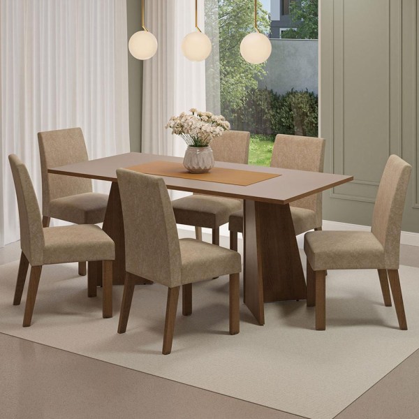 Encontraproduto.com.br - Conjunto Sala de Jantar Mesa Tampo de Madeira 6 Cadeiras Rustic/Crema/Imperial Simone Madesa
