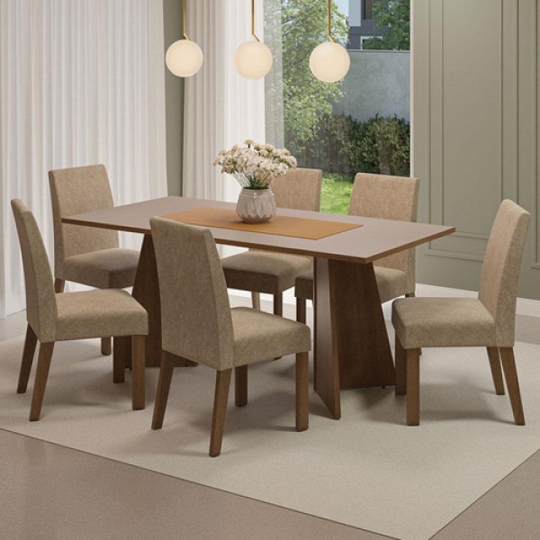 Encontraproduto.com.br - Conjunto Sala de Jantar Mesa Tampo de Madeira 6 Cadeiras Rustic/Crema/Imperial Simone Madesa