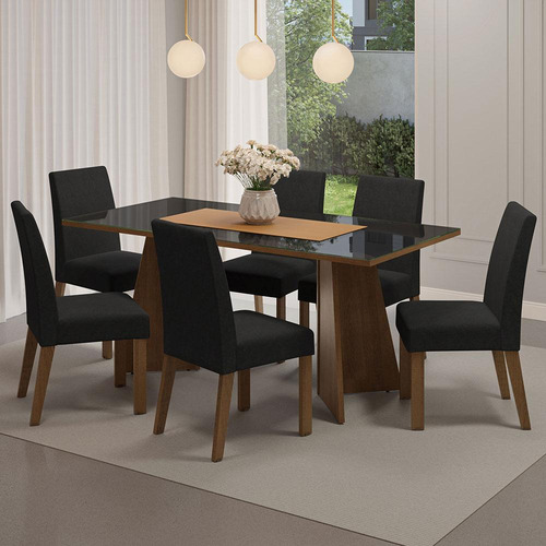 Encontraproduto.com.br - Conjunto Sala de Jantar Mesa Tampo de Vidro 6 Cadeiras Rustic/Preto/Oxford Valerie Madesa