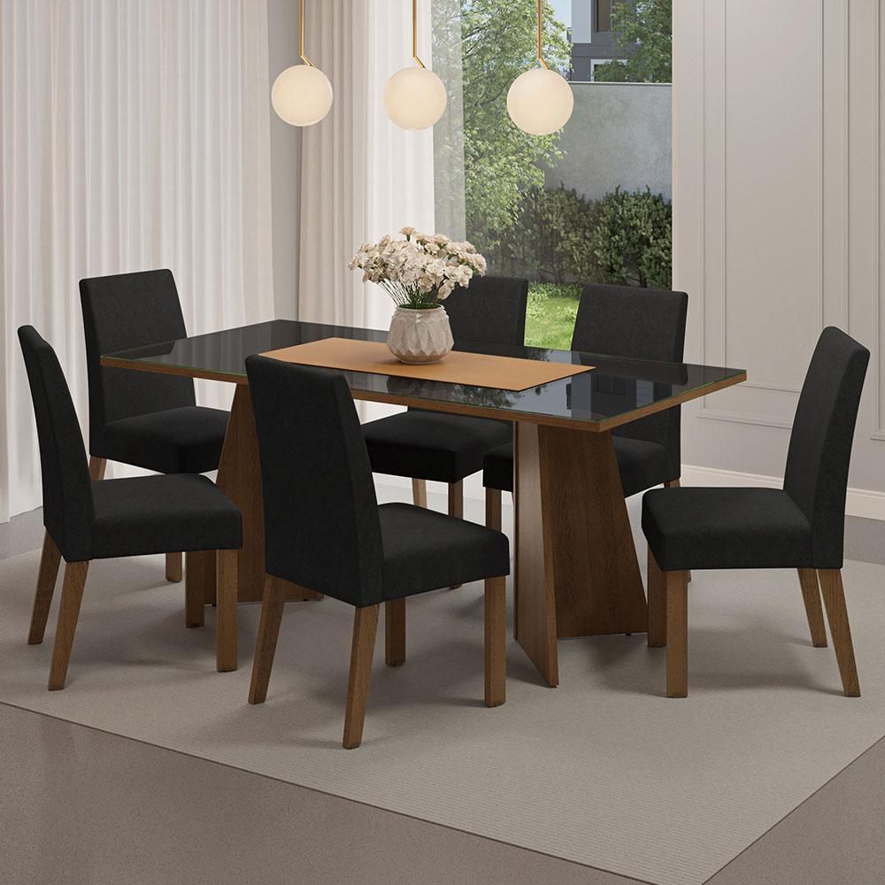 Encontraproduto.com.br - Conjunto Sala de Jantar Mesa Tampo de Vidro 6 Cadeiras Rustic/Preto/Oxford Valerie Madesa