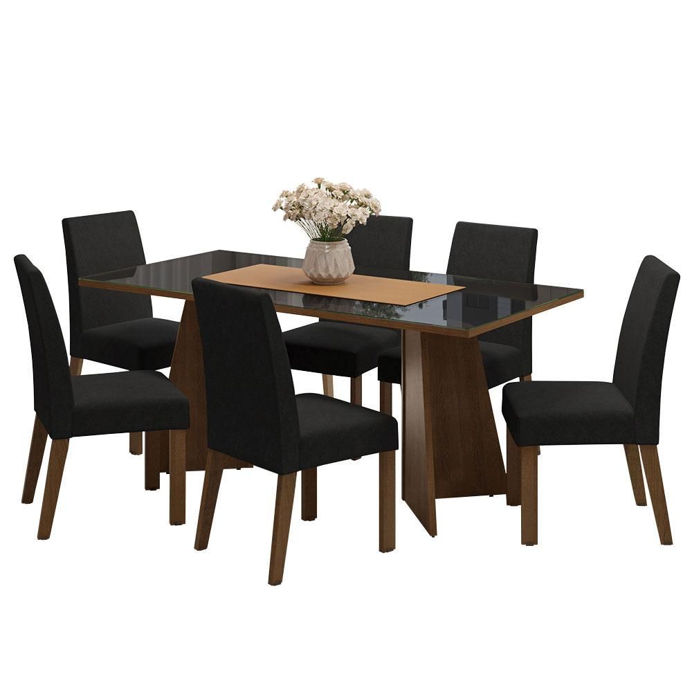 Encontraproduto.com.br - Conjunto Sala de Jantar Mesa Tampo de Vidro 6 Cadeiras Rustic/Preto/Oxford Valerie Madesa