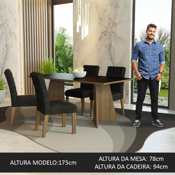 Encontraproduto.com.br - Conjunto Sala de Jantar Mesa Tampo de Madeira 4 Cadeiras Rustic/Preto/Oxford Ruby Madesa