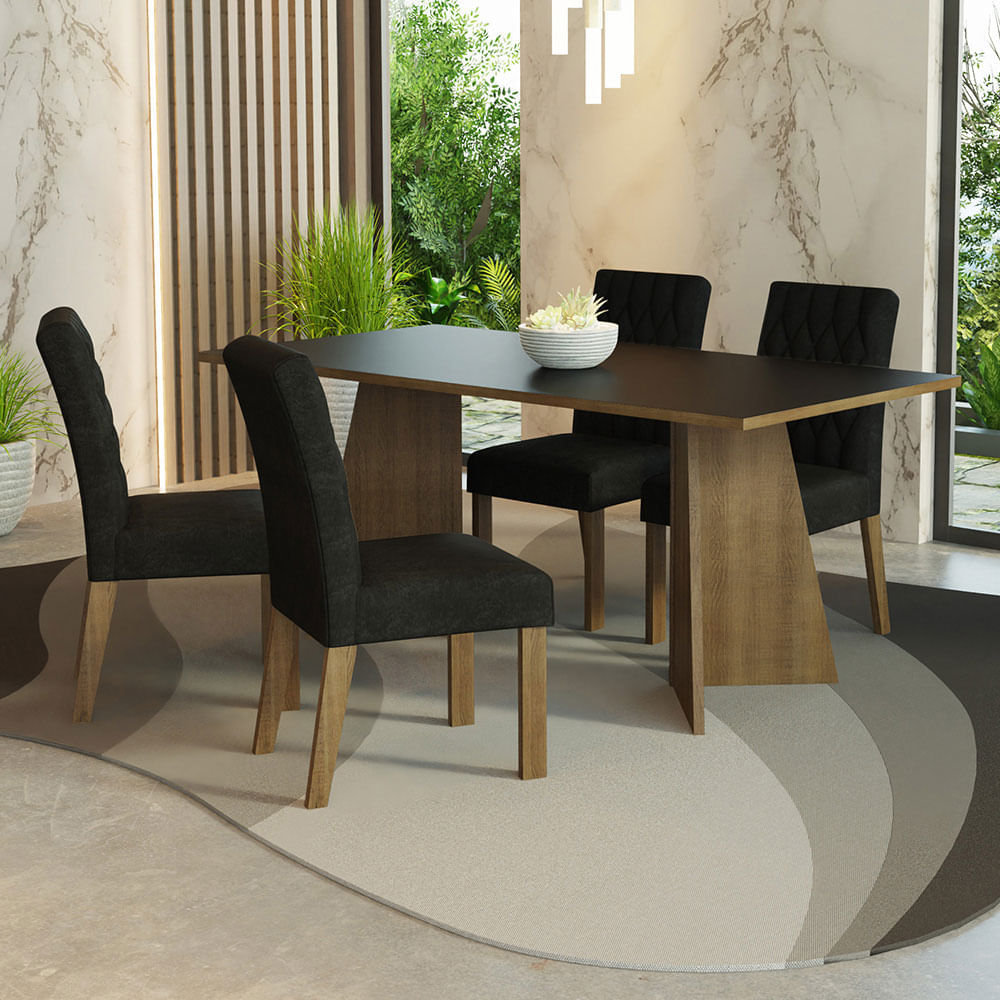 Encontraproduto.com.br - Conjunto Sala de Jantar Mesa Tampo de Madeira 4 Cadeiras Rustic/Preto/Oxford Ruby Madesa