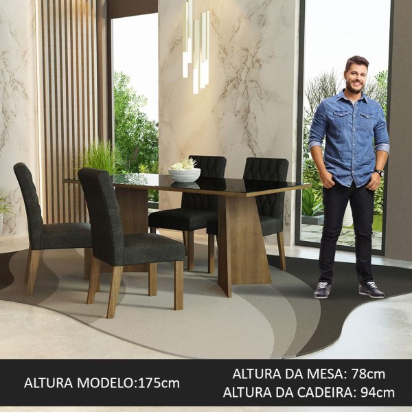Encontraproduto.com.br - Conjunto Sala de Jantar Mesa Tampo de Vidro 4 Cadeiras Rustic/Preto/Oxford Harper Madesa