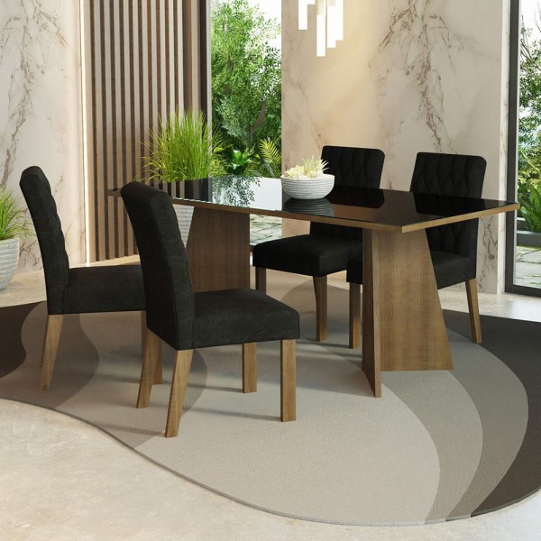 Encontraproduto.com.br - Conjunto Sala de Jantar Mesa Tampo de Vidro 4 Cadeiras Rustic/Preto/Oxford Harper Madesa