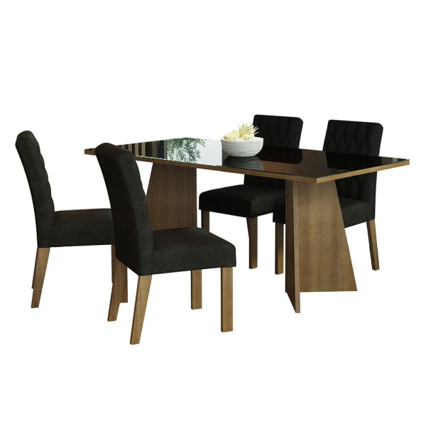 Encontraproduto.com.br - Conjunto Sala de Jantar Mesa Tampo de Vidro 4 Cadeiras Rustic/Preto/Oxford Harper Madesa