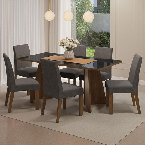 Encontraproduto.com.br - Conjunto Sala de Jantar Mesa Tampo de Vidro 6 Cadeiras Rustic/Preto/Silver Valerie Madesa