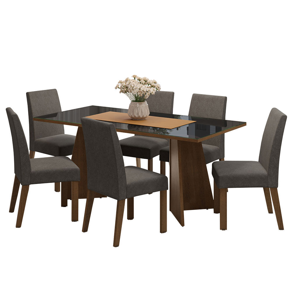 Encontraproduto.com.br - Conjunto Sala de Jantar Mesa Tampo de Vidro 6 Cadeiras Rustic/Preto/Silver Valerie Madesa