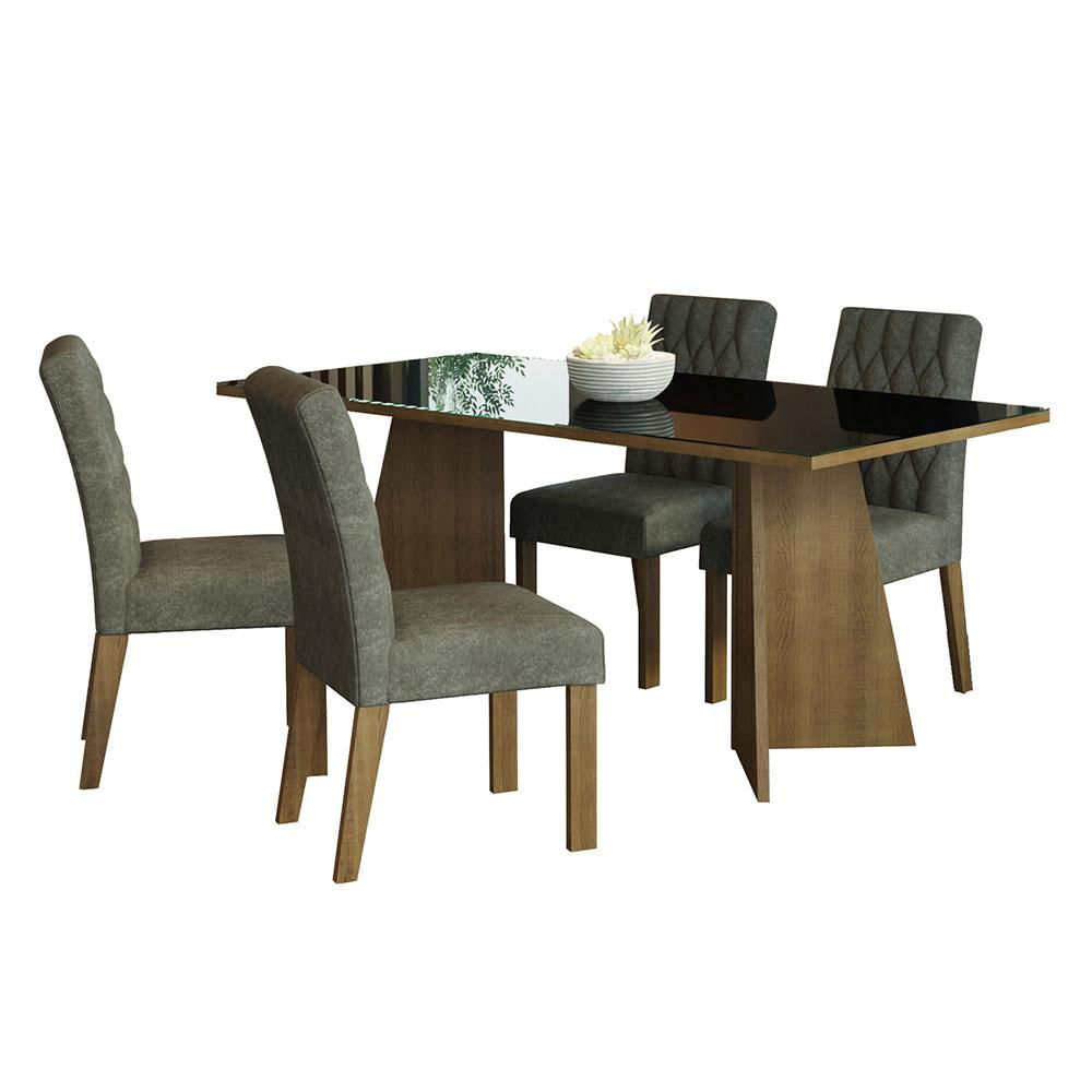 Encontraproduto.com.br - Conjunto Sala de Jantar Mesa Tampo de Vidro 4 Cadeiras Rustic/Preto/Silver Harper Madesa