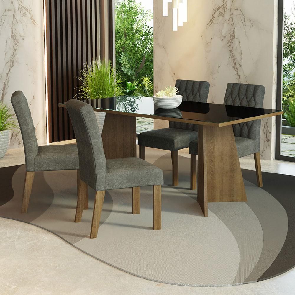 Encontraproduto.com.br - Conjunto Sala de Jantar Mesa Tampo de Vidro 4 Cadeiras Rustic/Preto/Silver Harper Madesa