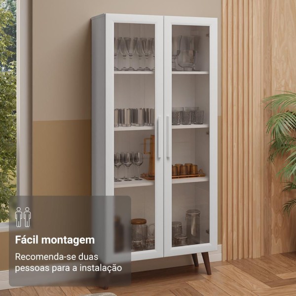 Encontraproduto.com.br - Cristaleira 70 cm 2 Portas de Vidro com Pés Cônicos Branco/Marrom Madesa