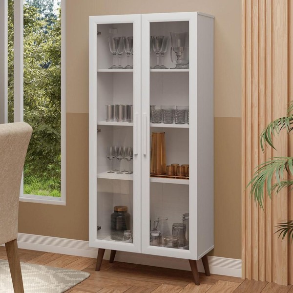 Encontraproduto.com.br - Cristaleira 70 cm 2 Portas de Vidro com Pés Cônicos Branco/Marrom Madesa