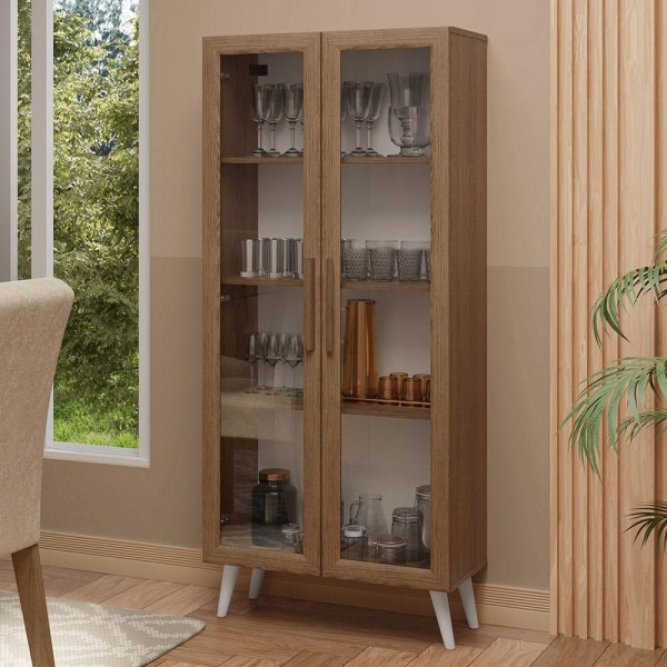 Encontraproduto.com.br - Cristaleira 70 cm 2 Portas de Vidro com Pés Cônicos Rustic/Branco Madesa