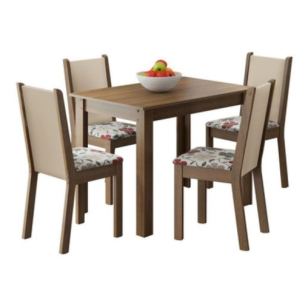 Encontraproduto.com.br - Conjunto Sala de Jantar Madesa Cíntia Mesa Tampo de Madeira com 4 Cadeiras Rustic/Crema/Hibiscos