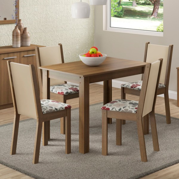 Conjunto Sala de Jantar Madesa Cíntia Mesa Tampo de Madeira com 4 Cadeiras Rustic/Crema/Hibiscos