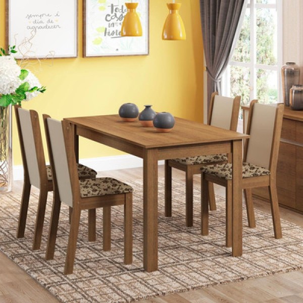 Encontraproduto.com.br - Conjunto Sala de Jantar Madesa Bea Mesa Tampo de Madeira com 4 Cadeiras Rustic/Crema/Bege Marrom