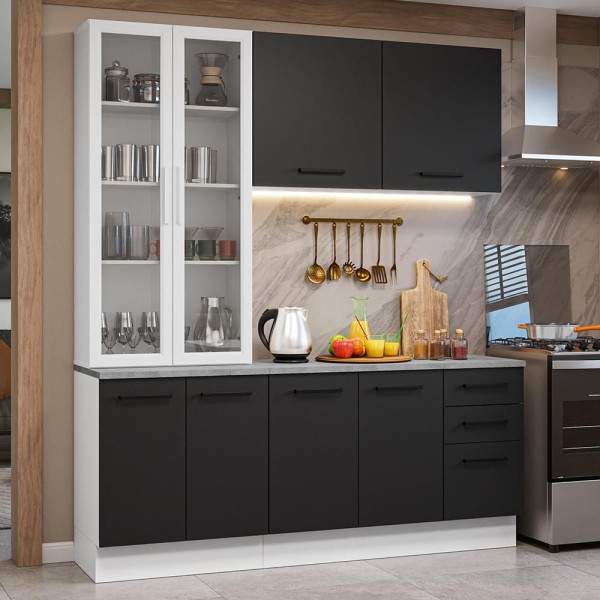 Encontraproduto.com.br - Armário de Cozinha Completa 190cm com Cristaleira Branco/Preto Agata Madesa 01