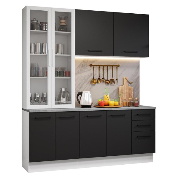 Encontraproduto.com.br - Armário de Cozinha Completa 190cm com Cristaleira Branco/Preto Agata Madesa 01