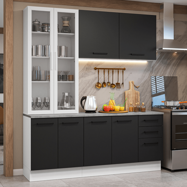 Encontraproduto.com.br - Armário de Cozinha Completa 190cm com Cristaleira Branco/Preto Agata Madesa 01