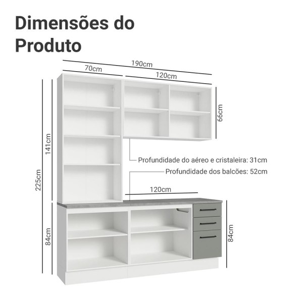 Encontraproduto.com.br - Armário de Cozinha Completa 190cm com Cristaleira Branco/Cinza Agata Madesa 01