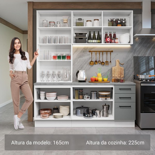Encontraproduto.com.br - Armário de Cozinha Completa 190cm com Cristaleira Branco/Cinza Agata Madesa 01