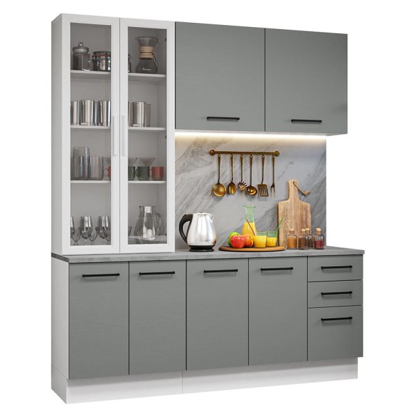 Encontraproduto.com.br - Armário de Cozinha Completa 190cm com Cristaleira Branco/Cinza Agata Madesa 01