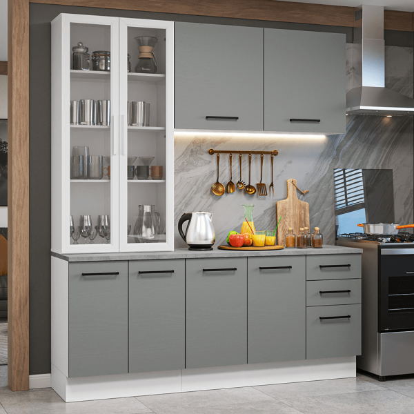 Encontraproduto.com.br - Armário de Cozinha Completa 190cm com Cristaleira Branco/Cinza Agata Madesa 01