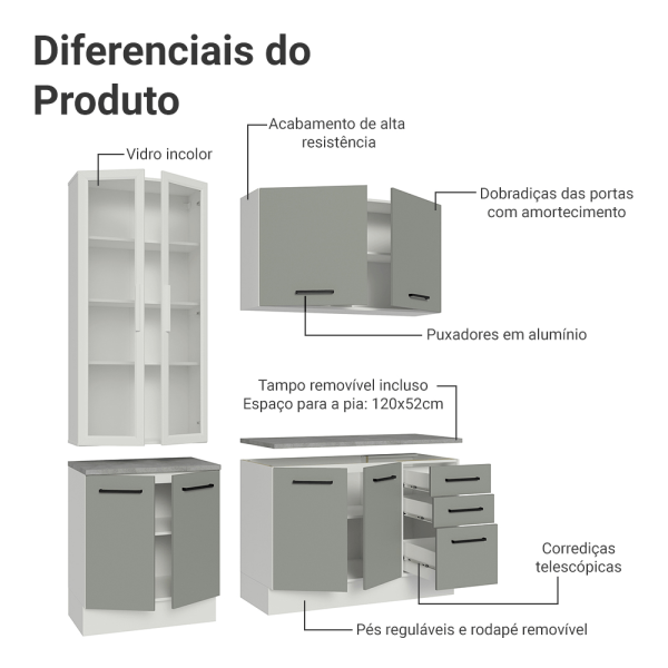 Encontraproduto.com.br - Armário de Cozinha Completa 190cm com Cristaleira Branco/Cinza Agata Madesa 01